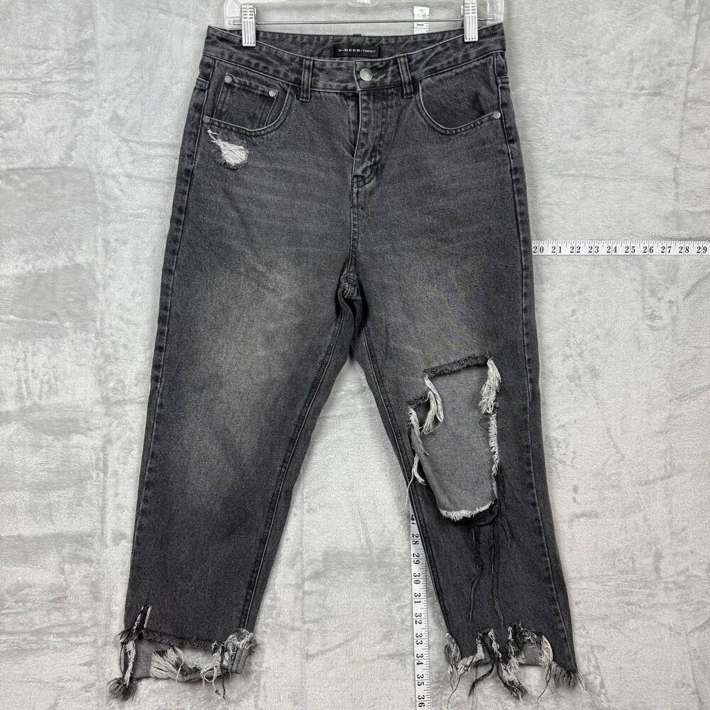 S.Deer Black Distressed Ripped Crop Jeans Women W30(M) Raw Hem Grunge Y2K Ankle